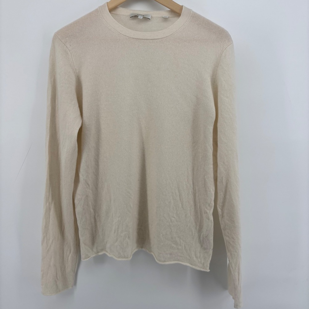 Vince Cashmere Crewneck Sweater Womens Large Cream Fair Rolled Hem Lightweight - Picture 8 of 9